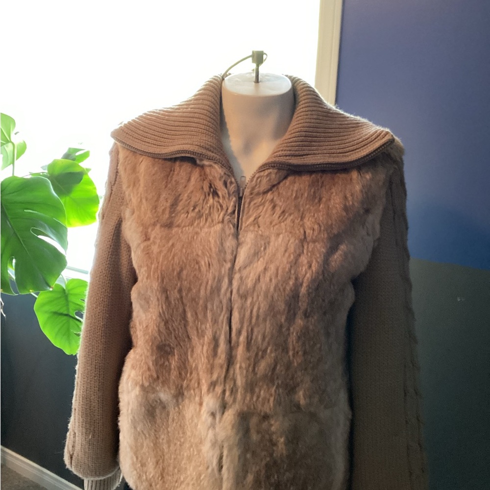 Vintage Women's Tan Jacket with Real Rabbit Fur